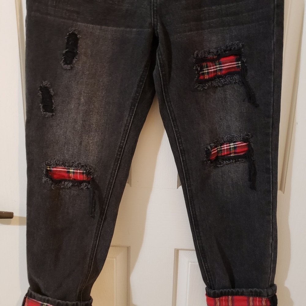 KanCan High Rise Straight Black Plaid patch - Picture 3 of 10
